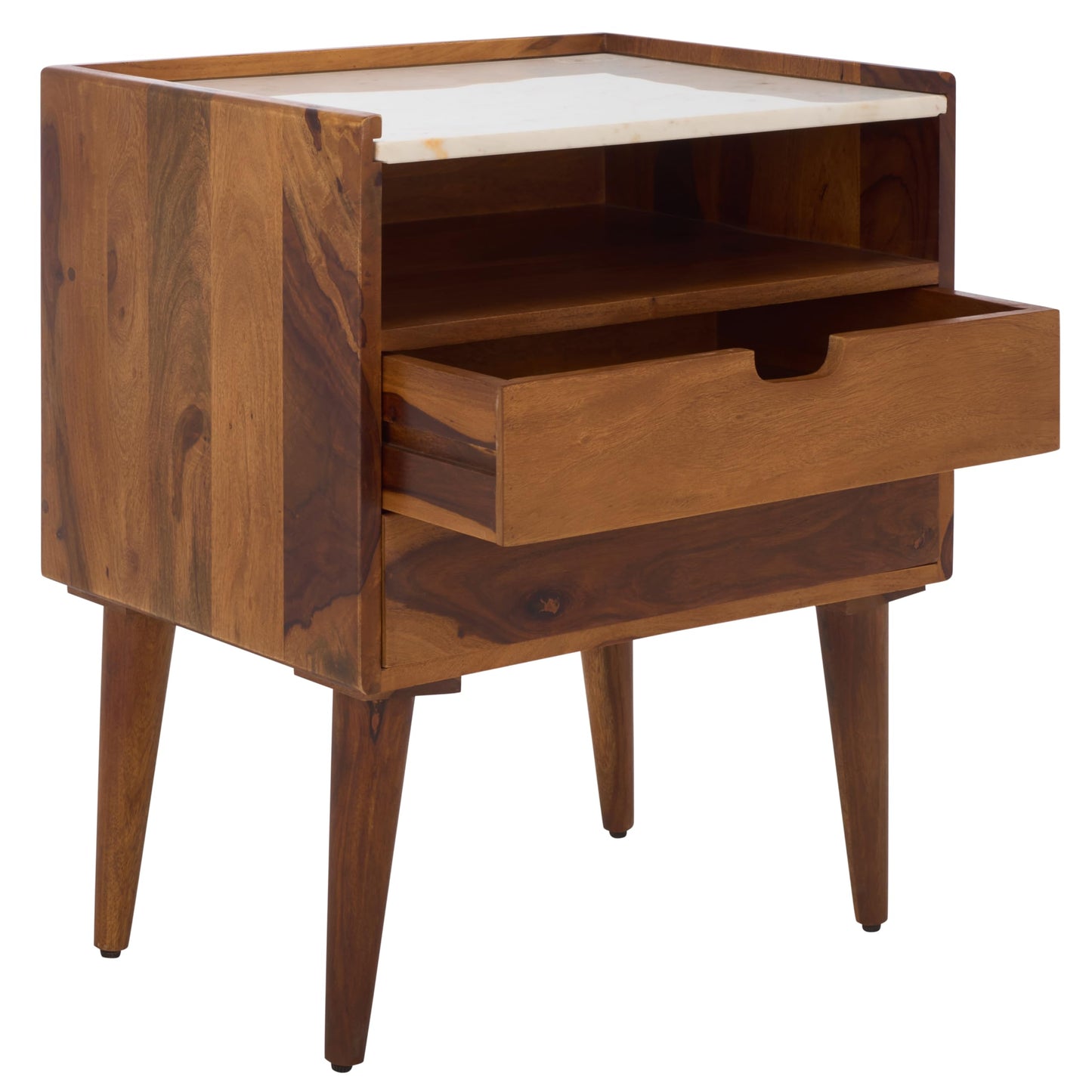 SAFAVIEH Home Collection - Alexi 2-Drawer Nightstand Table with White Marble Top, Brown Mid-Century Bedside Storage, Fully Assembled (NST3701A)