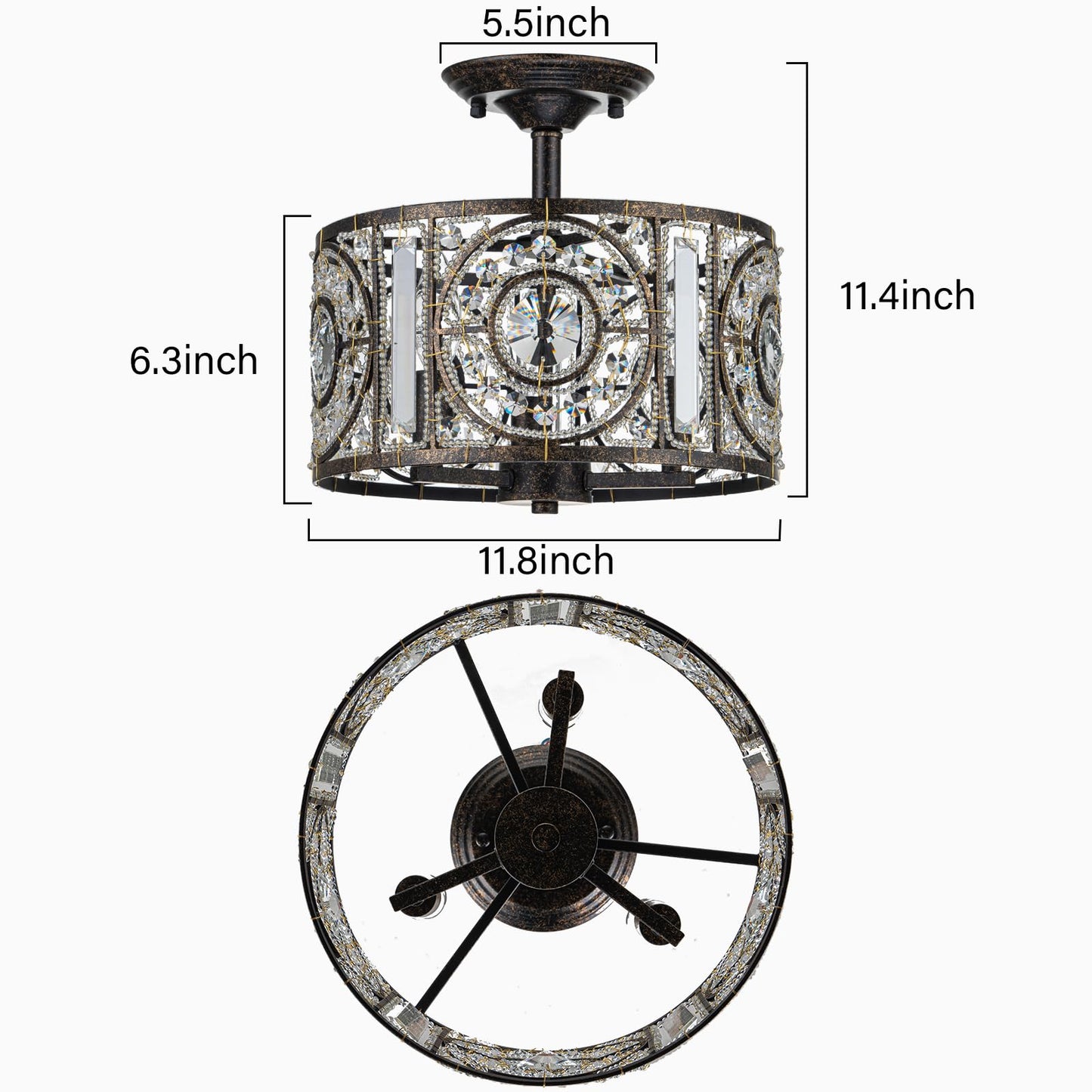 Zicbol Vintage Crystal Drum Chandelier, 3-Lights Bronze Finish Retro Chandelier Lighting Fixtures, Semi Flush Mount Ceiling Light for Dining Room Living Room Bedroom Entryway Etc.
