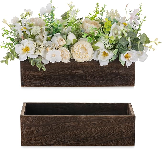 NUPTIO Wooden Box Centerpiece for Table: 2 Pcs 11.8" Long Wood Rectangle Planters - Farmhouse Flower Vase for Fall Wedding...