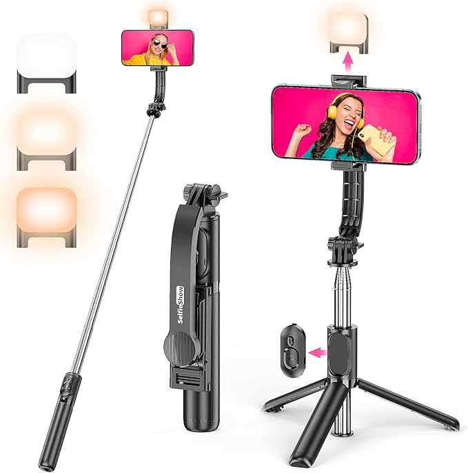 Selfie Stick Tripod with Fill Light, All in One Extendable Selfie Stick with Detachable Wireless Remote, Flexible Phone Tr...