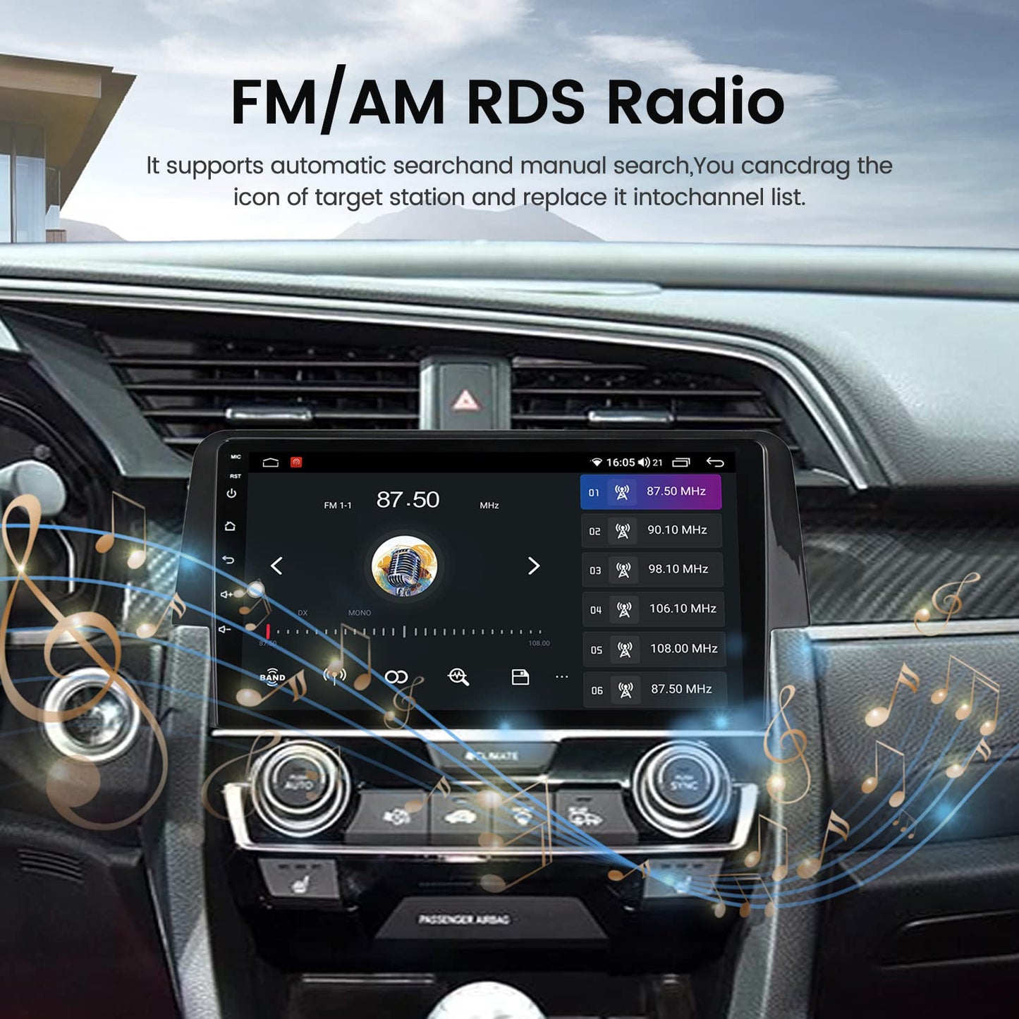 Biorunn Android 12 Car Stereo For Honda Civic 2016 2017 2018 2019 2020 2021, 9 Inch Car Radio Octa Core Wireless Wired Car-Play