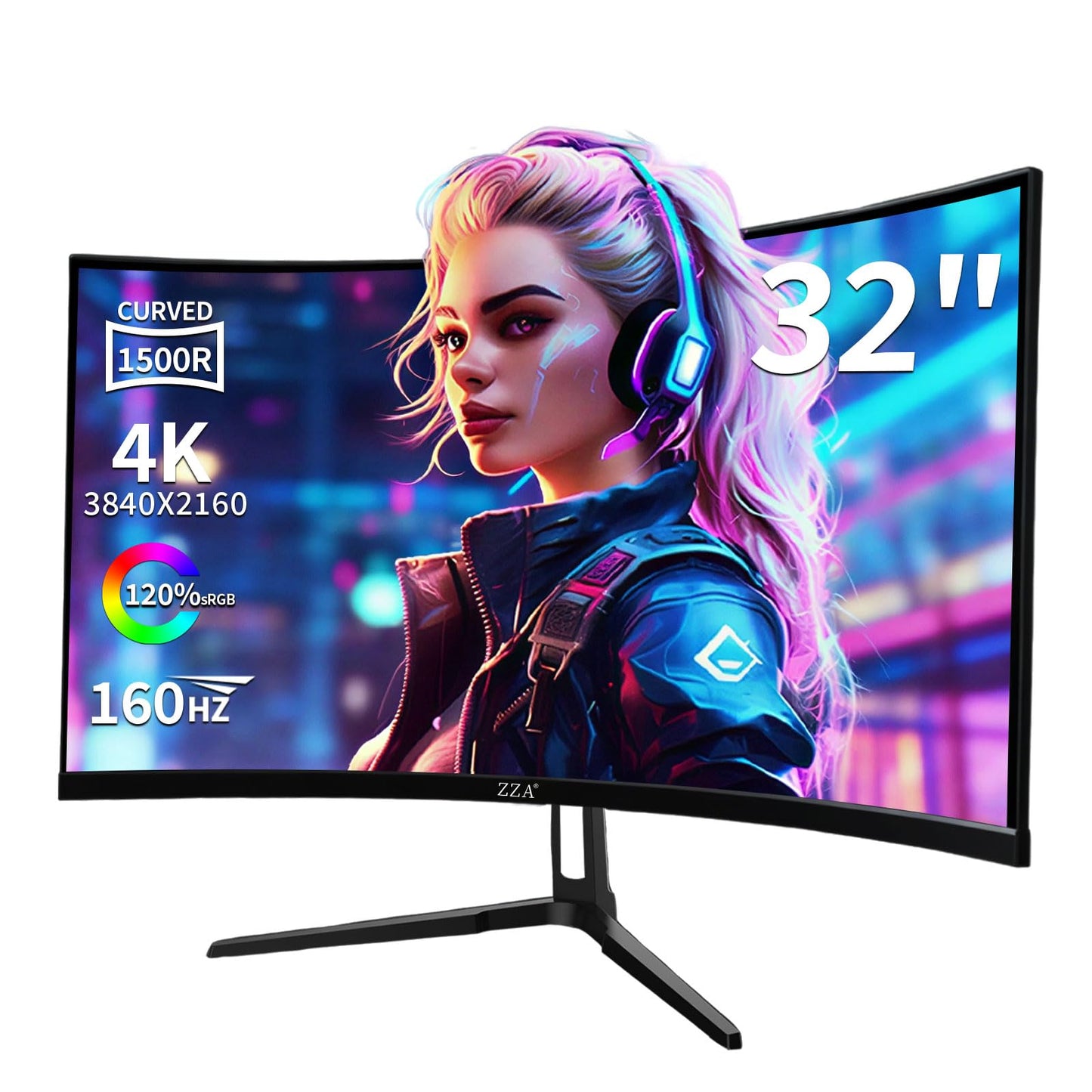 ZZA 32 Inch 4K Curved Gaming Monitor 160Hz Computer Moniter UHD 3840x2160P 1500R Curved VA Screen, Supports AMD Freesync, 120% sRGB HDR10, Wall Mountable Installs, wiht HDMI 2.1 * 2/DP 1.4 * 2, Black