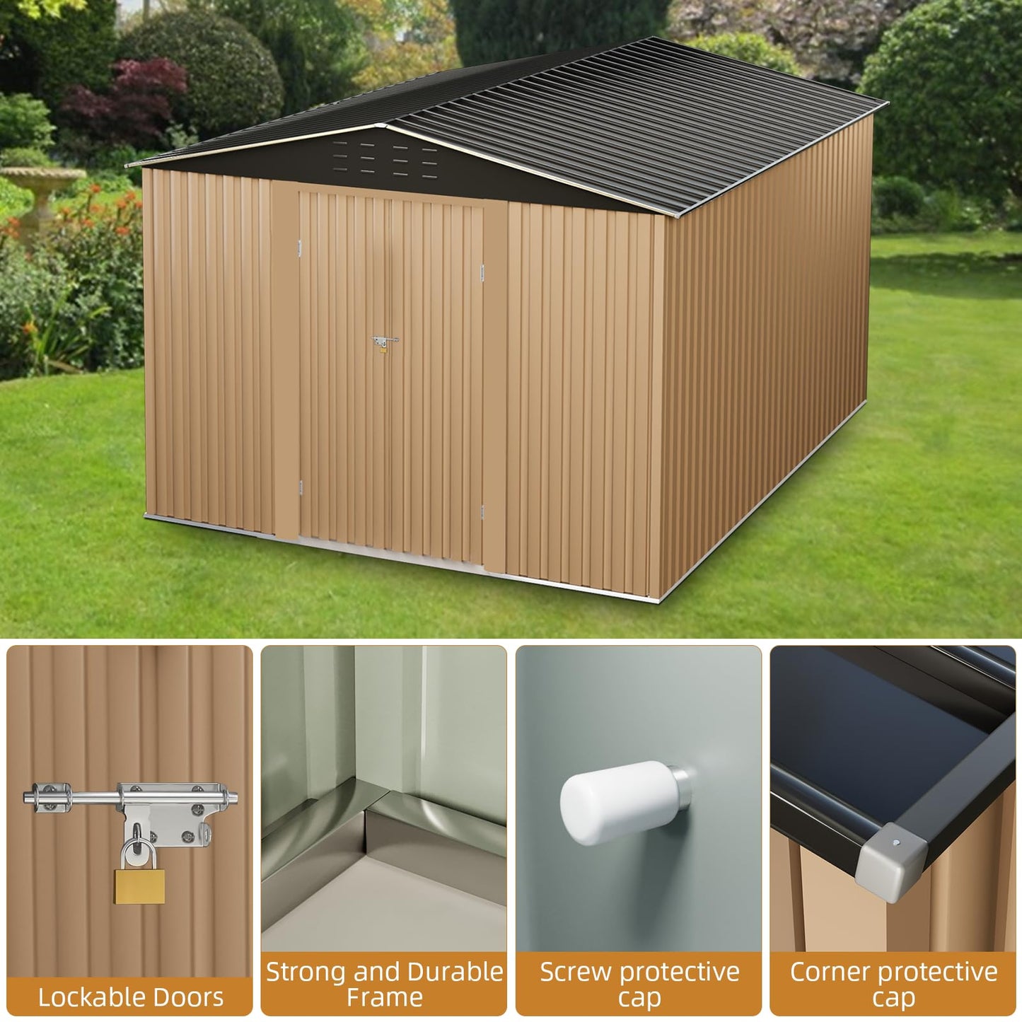 Garvee 10x10ft Metal Shed, Outdoor Garden Tool Storage Shed with Lockable Doors, Large Metal Shed with Sturdy Frame Structure, for Backyard, Patio, Lawn, Brown
