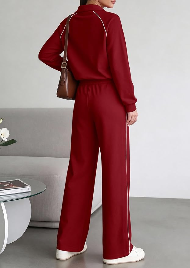 PRETTYGARDEN Women's 2 Piece Outfits Casual Lapel Half Zip Sweatshirts and Wide Leg Pants Tracksuit Sets