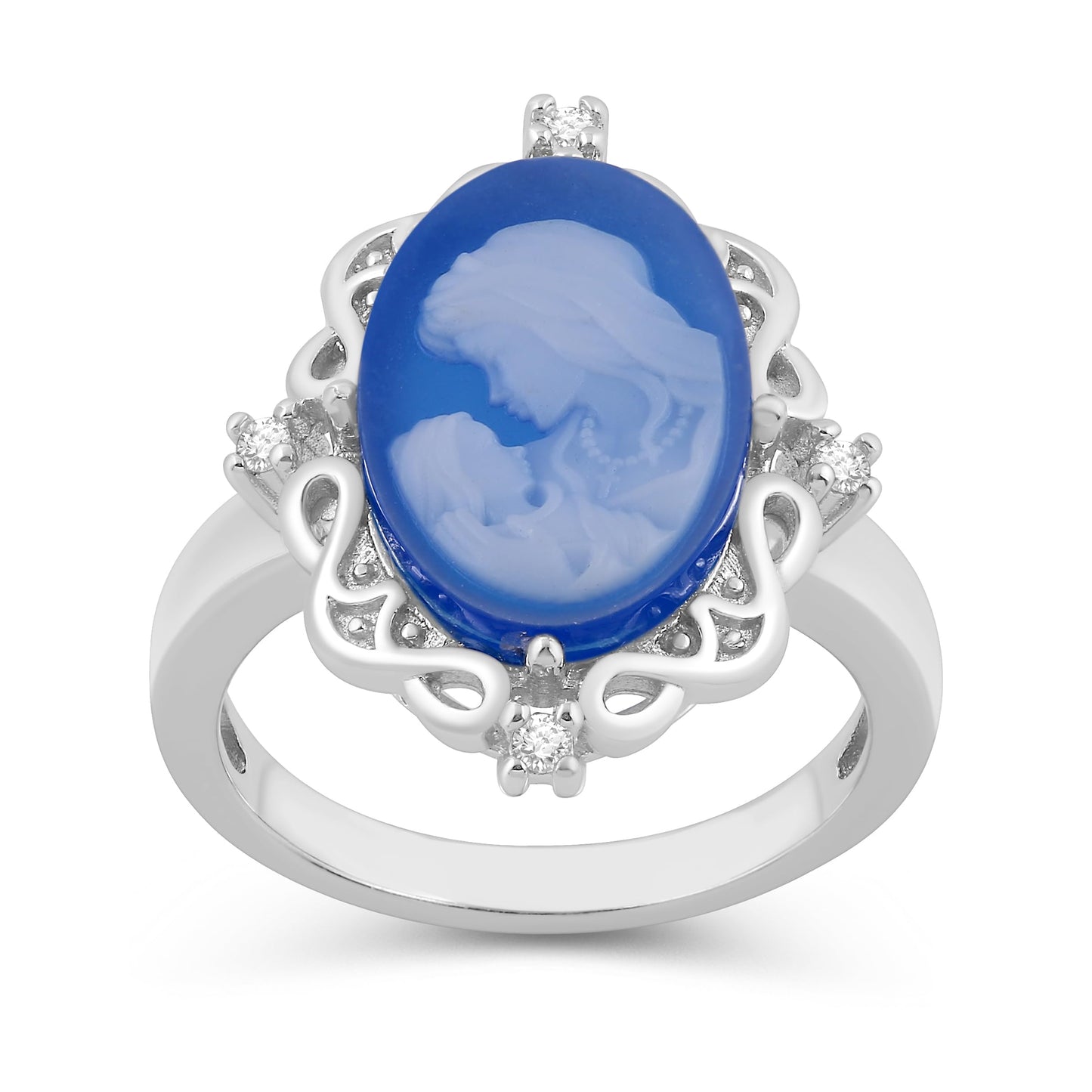 Jewelili Sterling Silver Mother & Child Statement Ring for Women | Blue Agate Cameo & Created White Round Sapphire | Ring Size 7 | Luxury Jewelry Gift for Her | Gift Box Included