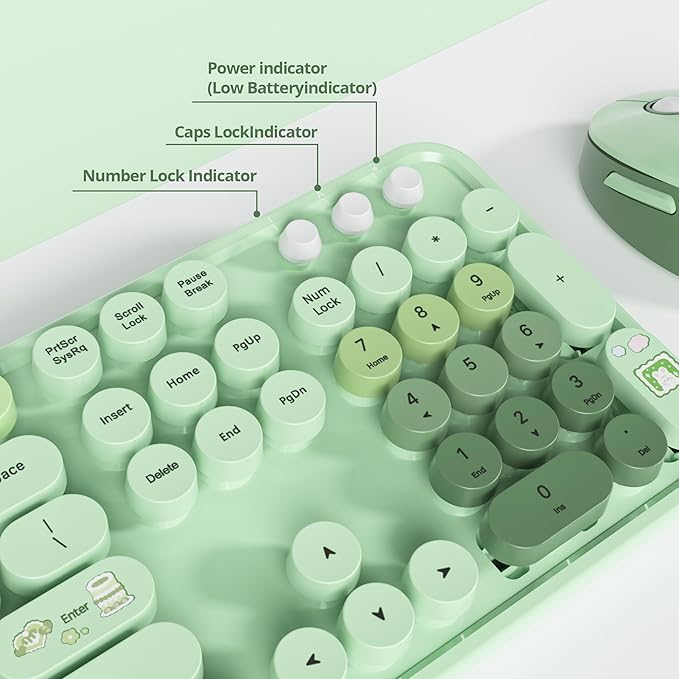 Owpkeenthy Colorful Green Keyboard and Mouse Wireless, 2.4G Retro Typewriter Aesthetic Cute Computer Keyboard Full-Size with Number Pad (Colorful Green)