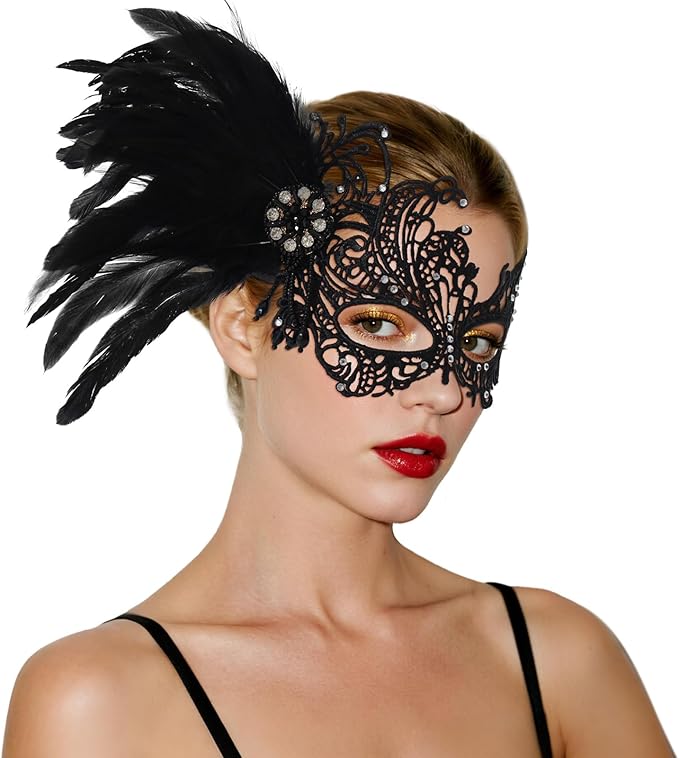 GUXIMIAR Lace Masquerade Mask for Women Mardi Gras Rhinestone Mask with Feather 1920s Venetian Party Accessories
