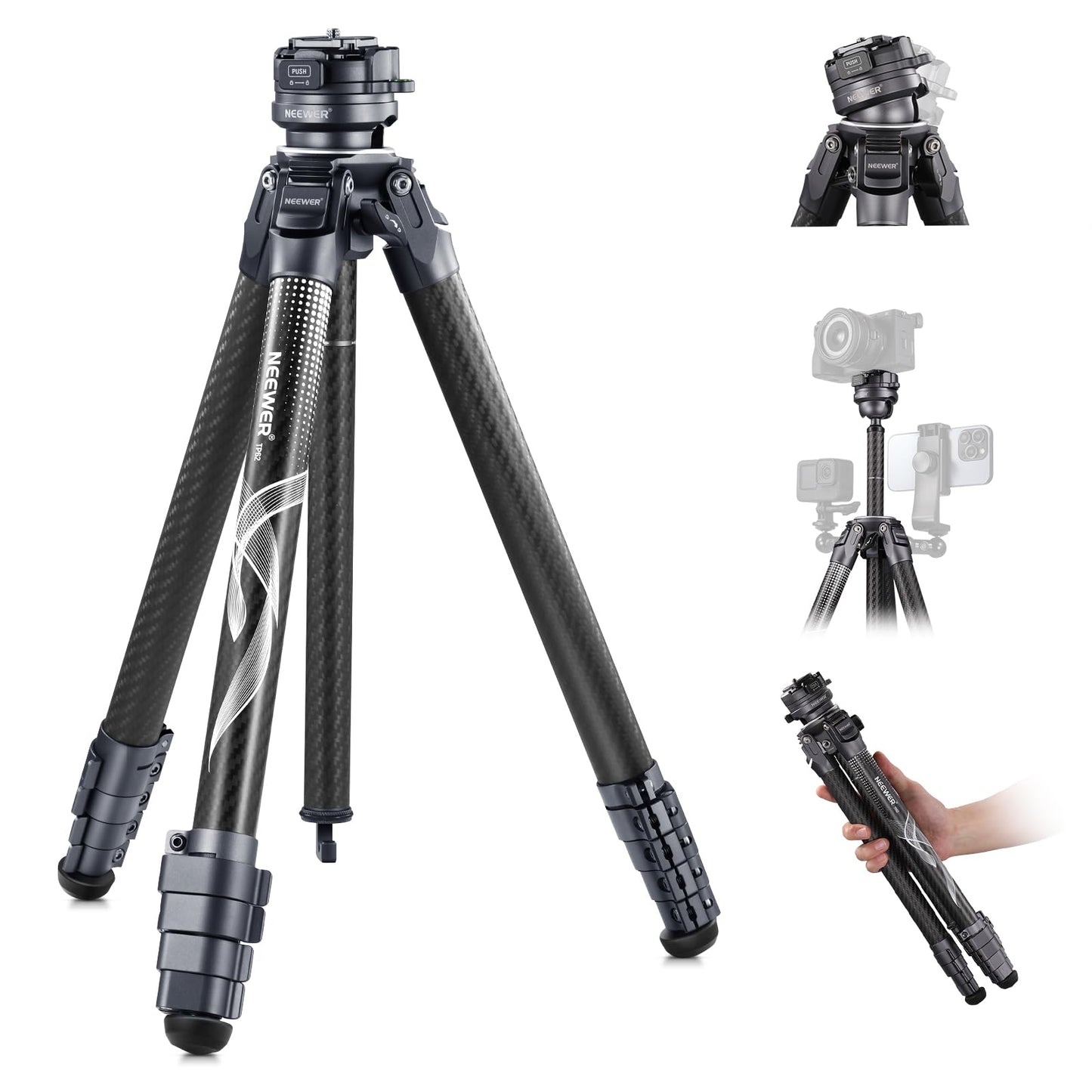 NEEWER LITETRIP LT32 62" Travel Tripod Carbon Fiber with ±15° Leveling 360° Panorama Head, Detachable Center Axis, Fast Flip Buckle, Arca QR Plate Compatible with PD, (Former TP62)