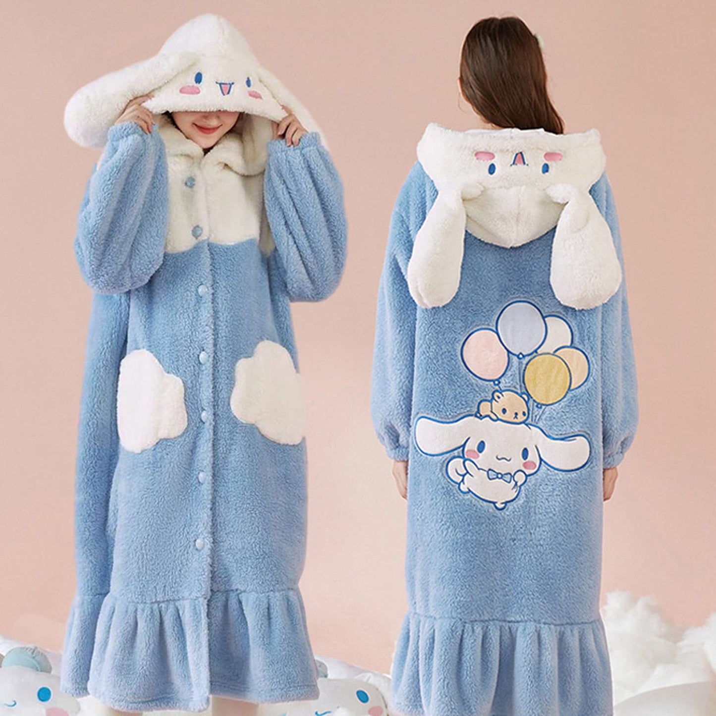 MEOKIM Women's robe button bathrobe Women's hoodie coat plush warm pajamas Long sleepwear with cute pattern pocket pajamas (Cloud Dog,Medium)