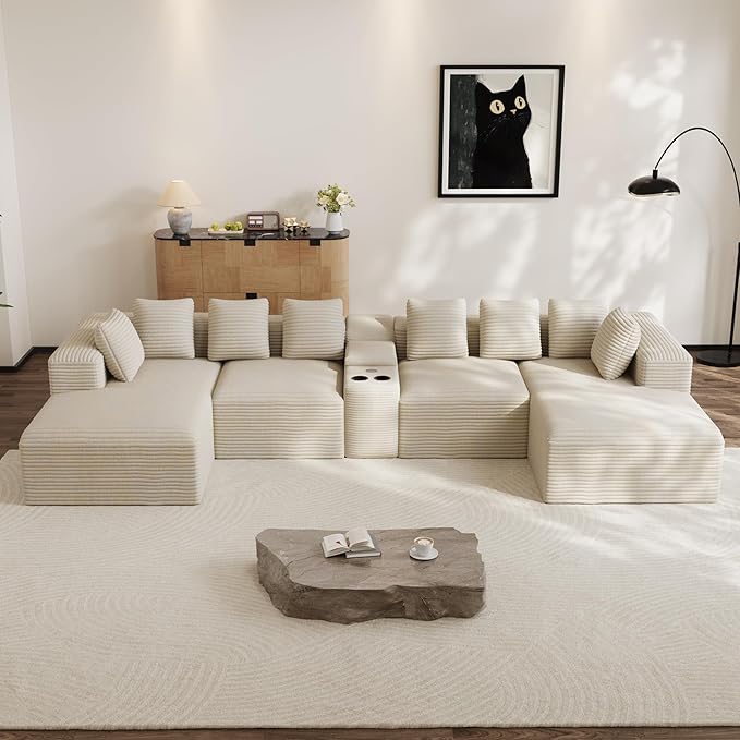 Modular Sectional Sofa with USB Cup Holders Storage, 143" U Shaped Cloud Couch Plush Corduroy Deep Seat Boneless Sofas with Double Chaise Lounge Memory Foam Couches for Living Room - Beige White