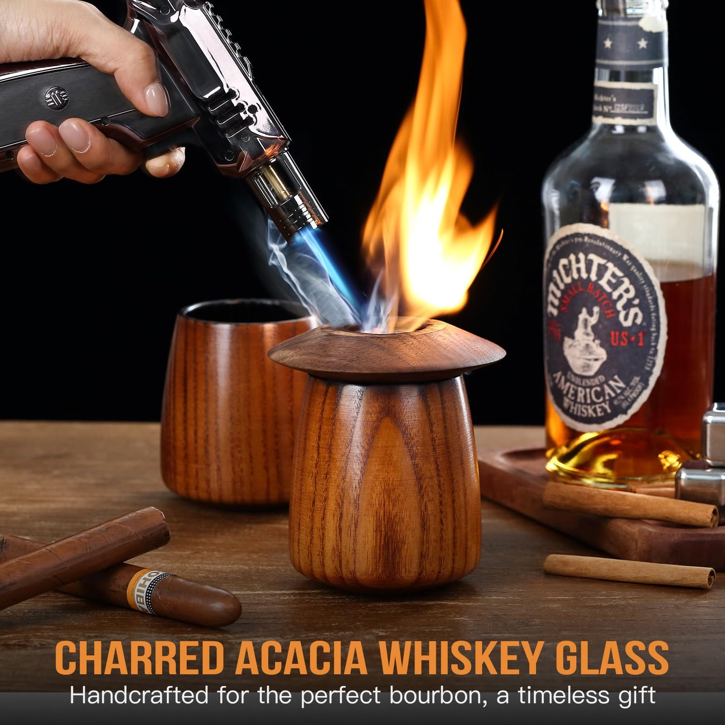 Wooden Whiskey Glass Set – 9oz Handcrafted Wooden Bourbon Tumblers with 6 Stones & A Stainless Steel Ice Tongs, Natural Charred Finish – Perfect Whiskey Gift for Dad Husband Brother Boyfriend