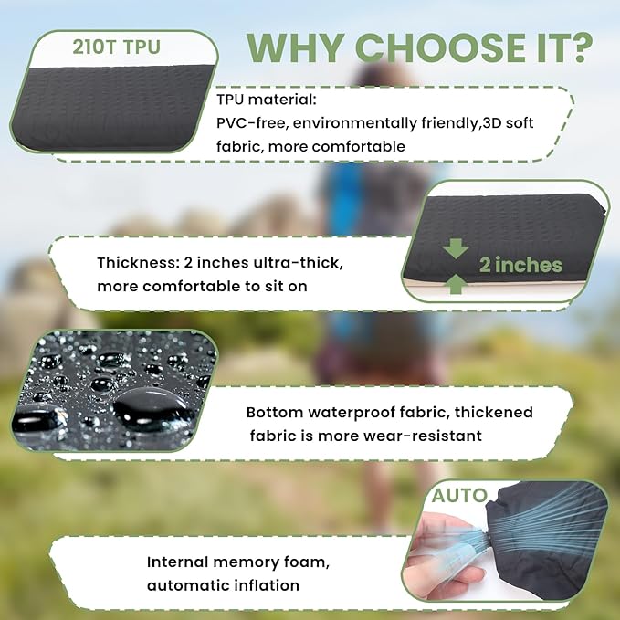 Self-Inflating Seat Cushion,Memory Foam,Stadium Bleacher Airplane Travel Backpacking Camping Long Sitting Office Wokers Car Drivers,2 inches thick,Portable soft durable 210T TPU fabric,Beige+black
