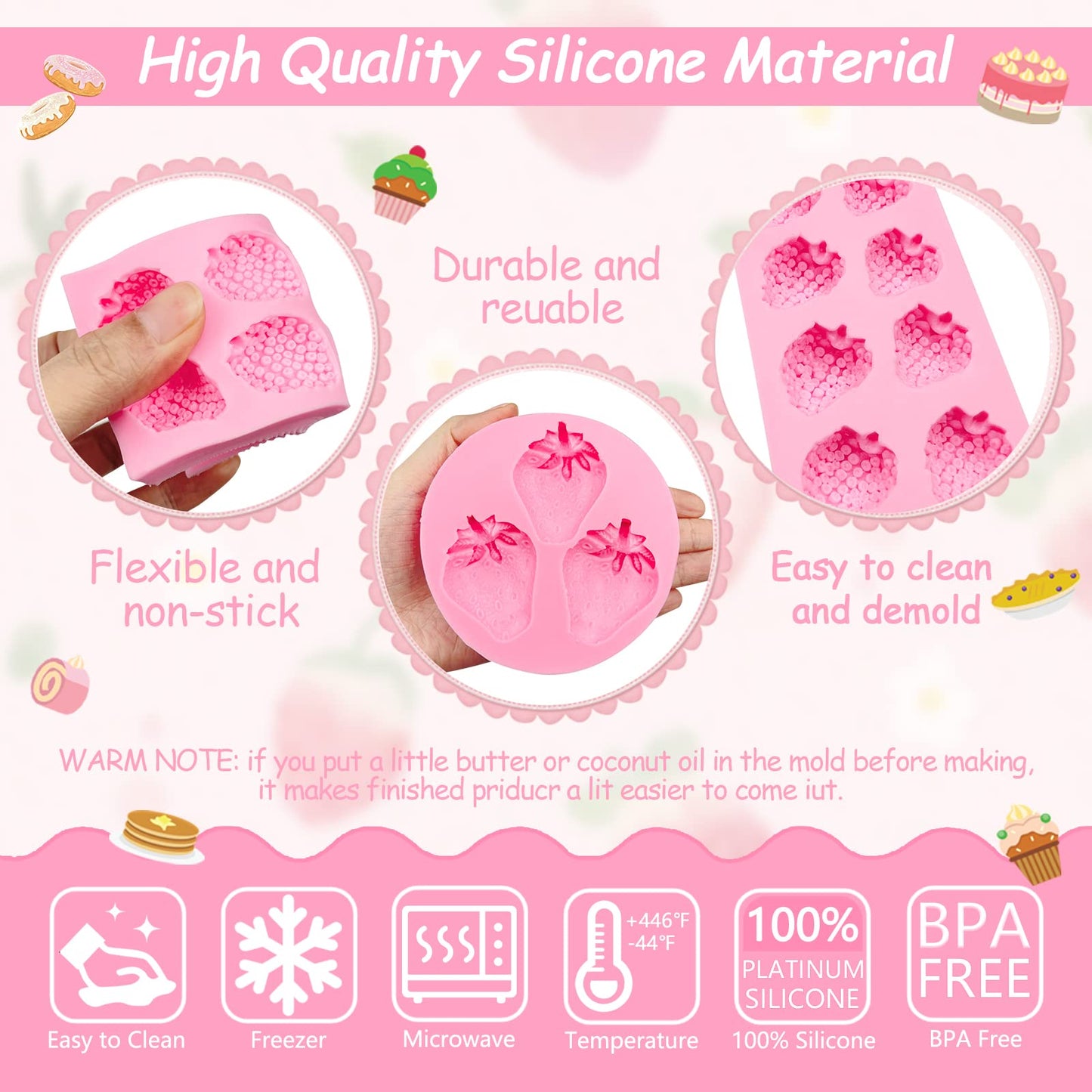 Strawberry Fondant Molds, Mini Fruit Chocolate Cake Decorating Silicone Molds for Baking Cupcakes, Mousses, Candies, Polymer Clay Craft Projects, Wedding Birthday Kitchen Accessories