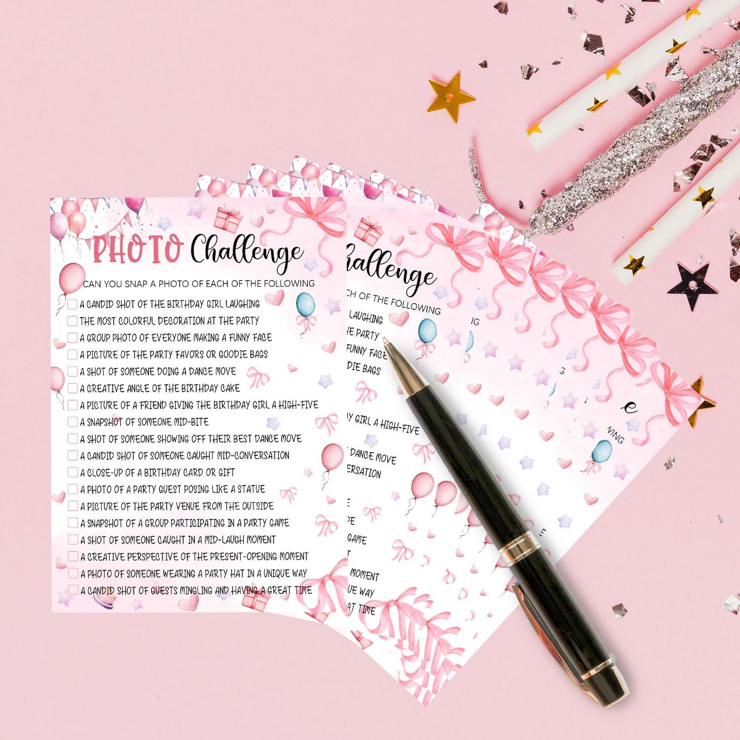 Pink Slumber Party Games Card - Coquette Pink Bow Themed Sleepover Slumber Party Supplies -Sleepover Stuff - Birthday Night Games Creative Idea -Photo Challenge- 20 Game Cards