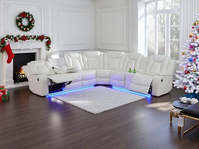 Dekmxas Breathing Leather Power Recliner Sectional Sofa Couch with LED Light, Living Room Furniture Sets,Creamy White Power Reclining Sectional Sofa Set with Storage Console/Cup Holder for Living Room