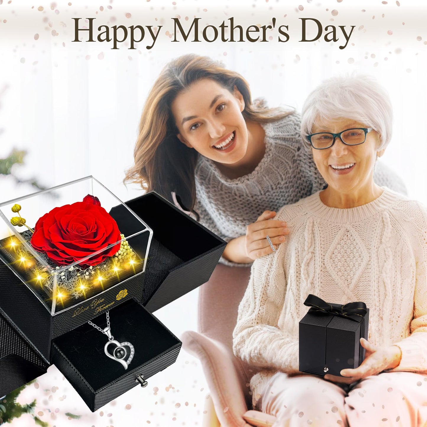 Megapuxin Preserved Real Rose-Eternal Flowers Rose Mothers Day for Mom Women Her Wife Girlfriend on Birthday Valentines with I Love You Necklace 100 Languages Romantic Gift