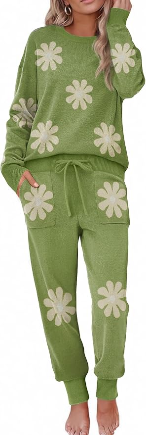 Ekouaer Women's 2 Piece Lounge Set Long Sleeve Knit Pajamas Sweatsuit Jogger Pant Outfits With Pockets S-XXL