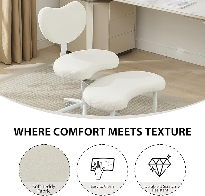 Cross Legged Office Chair with Wheels–360°Swivel Meditation Chair, Adjustable Height Yoga Office Chair for Adults, Ergonomic Kneeling Chair with Back Support for ADHD, Teddy Fabric, Ivory