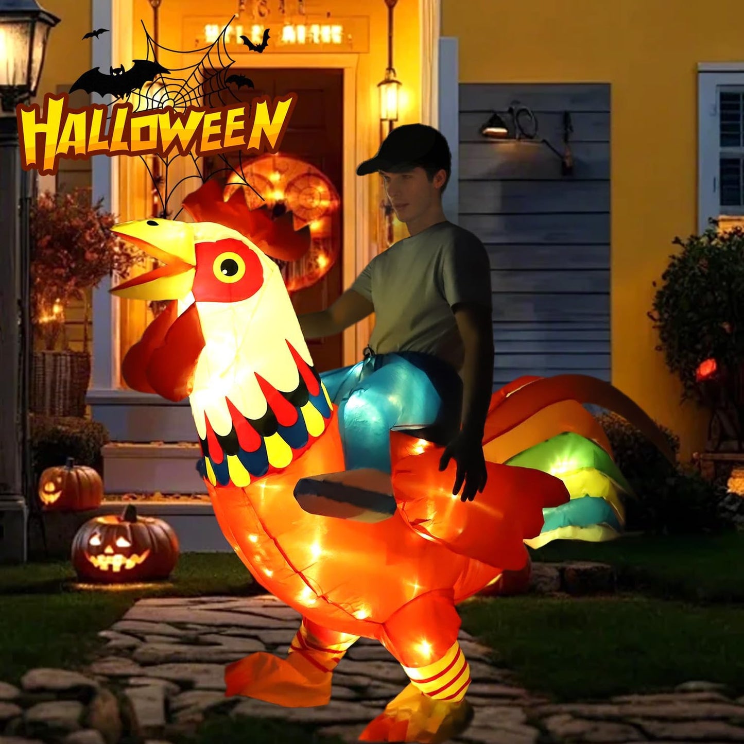 KINQUINN Inflatable Chicken Costume Adult with Lights, Funny Halloween Costume Ride on Rooster Costume for Party Christmas