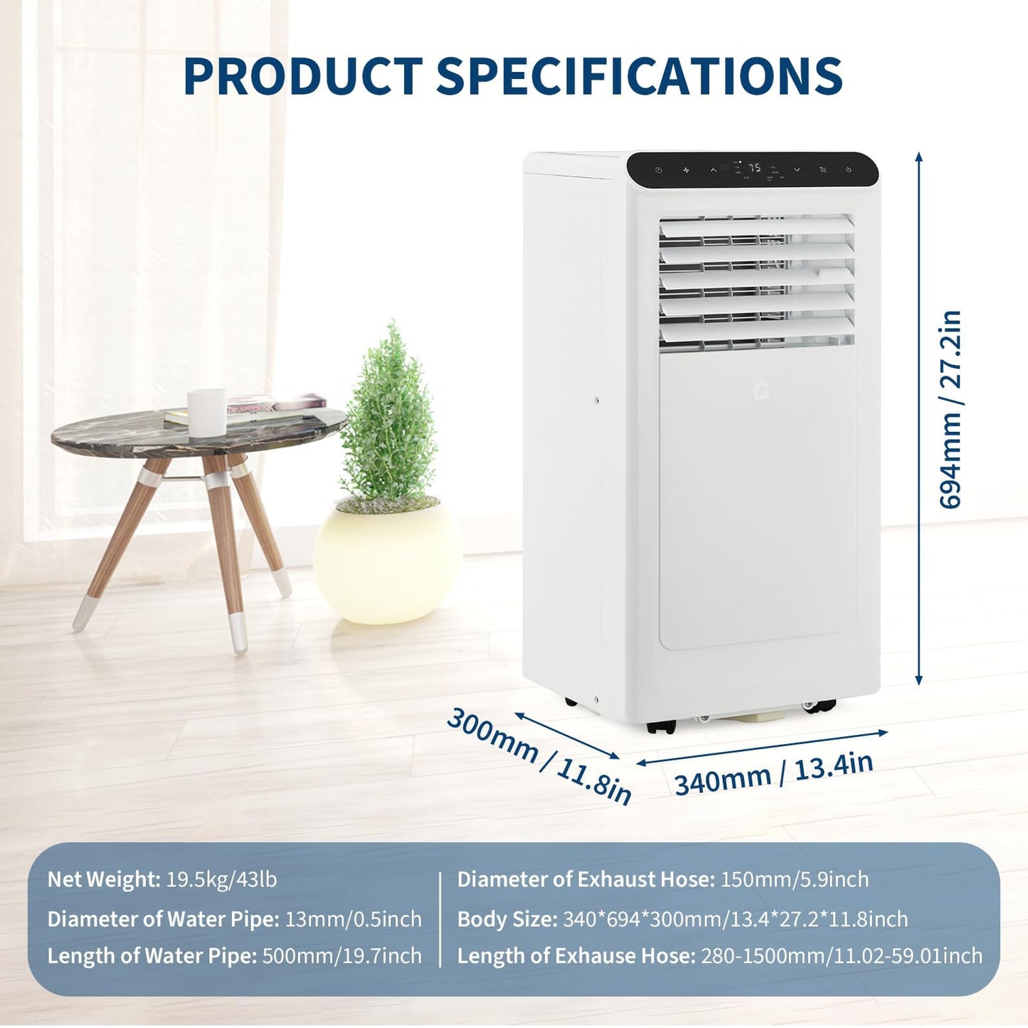 10,000 BTU Portable Air Conditioners, 4-in-1 Portable AC Unit with Heat, Cool, Fan and Dehumidifier, Up to 450 Sq.Ft, 24H Timer, Remote, LED Display, Quiet 50 dB for Bedroom Office
