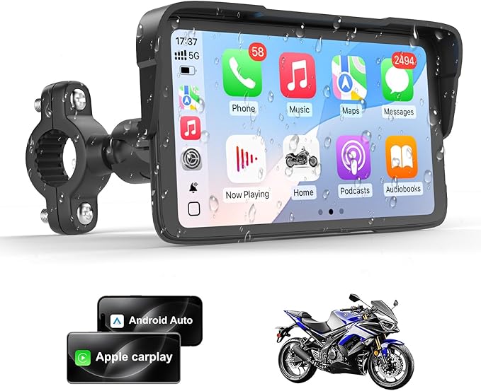 Portable Motorcycle CarPlay HD Touch Screen, Motorcycle GPS Navigation System with Apple Carplay and Android Auto, IP67 Wa...