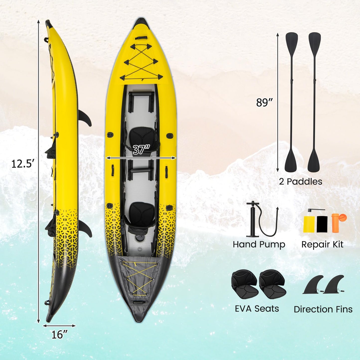 S AFSTAR Inflatable Kayak, 2 Person Canoe with 507 lbs Capacity, Drop-Stitch Floor, All Accessories & Carry Bag, 12.5 ft Large Sit in Tandem Kayak for Fishing, Camping & Exploring for Adults (Yellow)