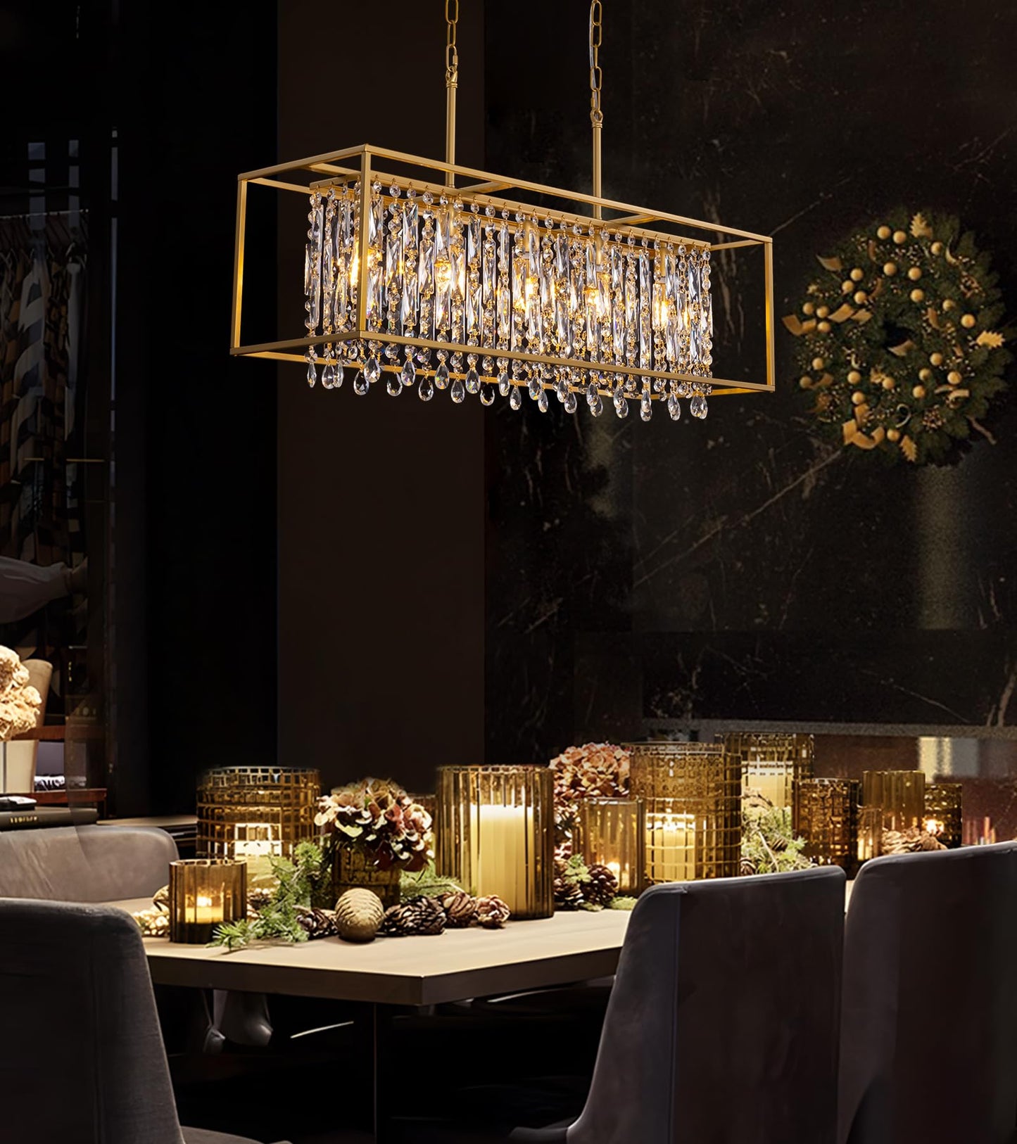 Siljoy Rectangular Gold Crystal Chandelier for Dining Room, 5-Light Modern K9 Crystal Raindrop Chandelier Luxury Crystal Pendant Ceiling Light for Living Room Kitchen Island L35.4'' x W11'' x H12''