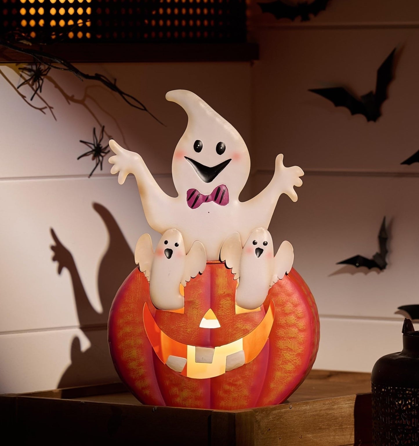 TERESA'S COLLECTIONS Halloween Decorations, Ghost and Pumpkin Halloween Decor, Large Ghost and Orange Jack O Lantern with Light, 12", Metal Outdoor Garden Statue, Indoor/Outdoor