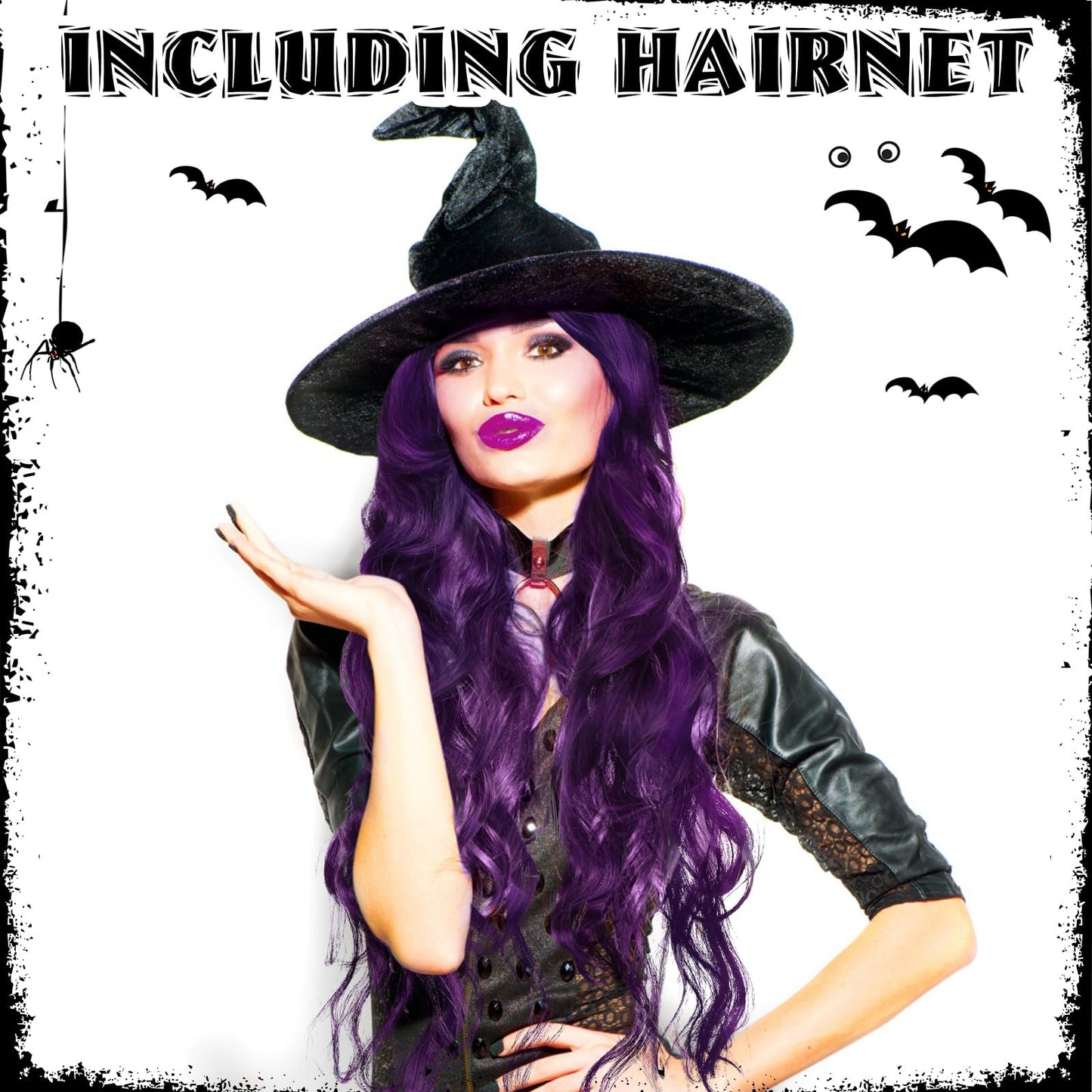 Kigeli 4 Pcs Halloween Witch Costume Set for Women Witch Tutu Outfit Skirt Hat Wig Striped Tights Cosplay (Green Purple)