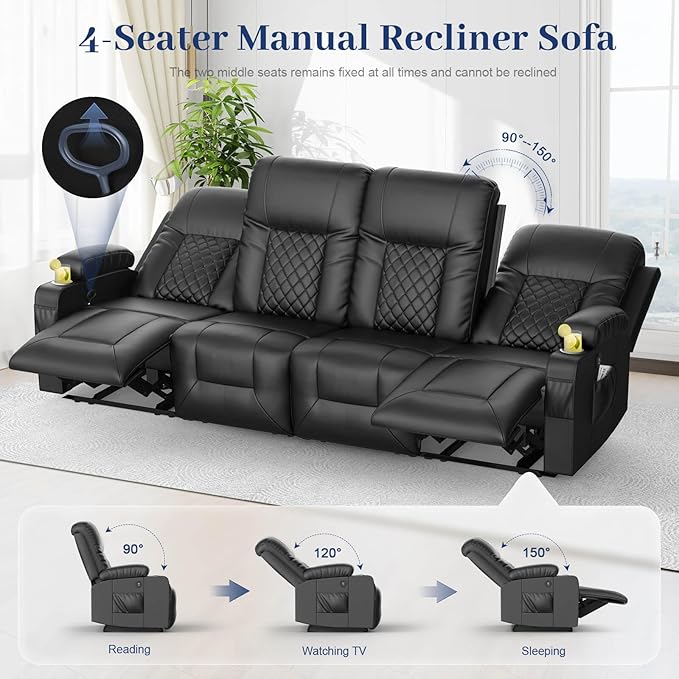 FURNIMAT Oversized Recliner Sofa Set with 4+1+1 Pieces in Living Room, 4 Seater Reclining Sofawith USB Ports, Cell Phone Holders, 2 Recliner Chairs with Vibration Massage and Heat Single Sofa Seat
