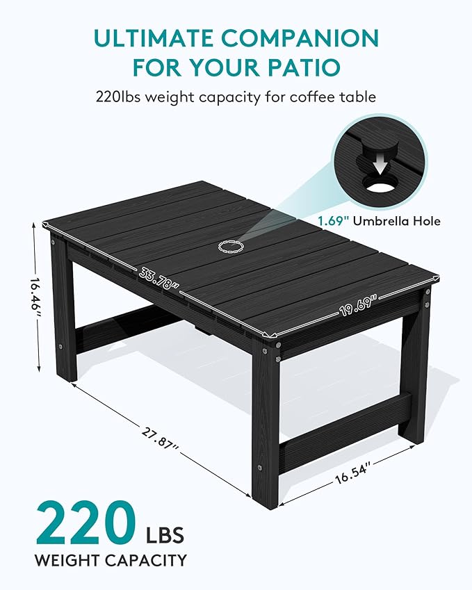 SERWALL 3 Pieces Patio Adirondack Bench Set, 2 Folding Adirondack Bench and 1 Coffee Table Set for Front Porch Garden Balcony Backyard, Black