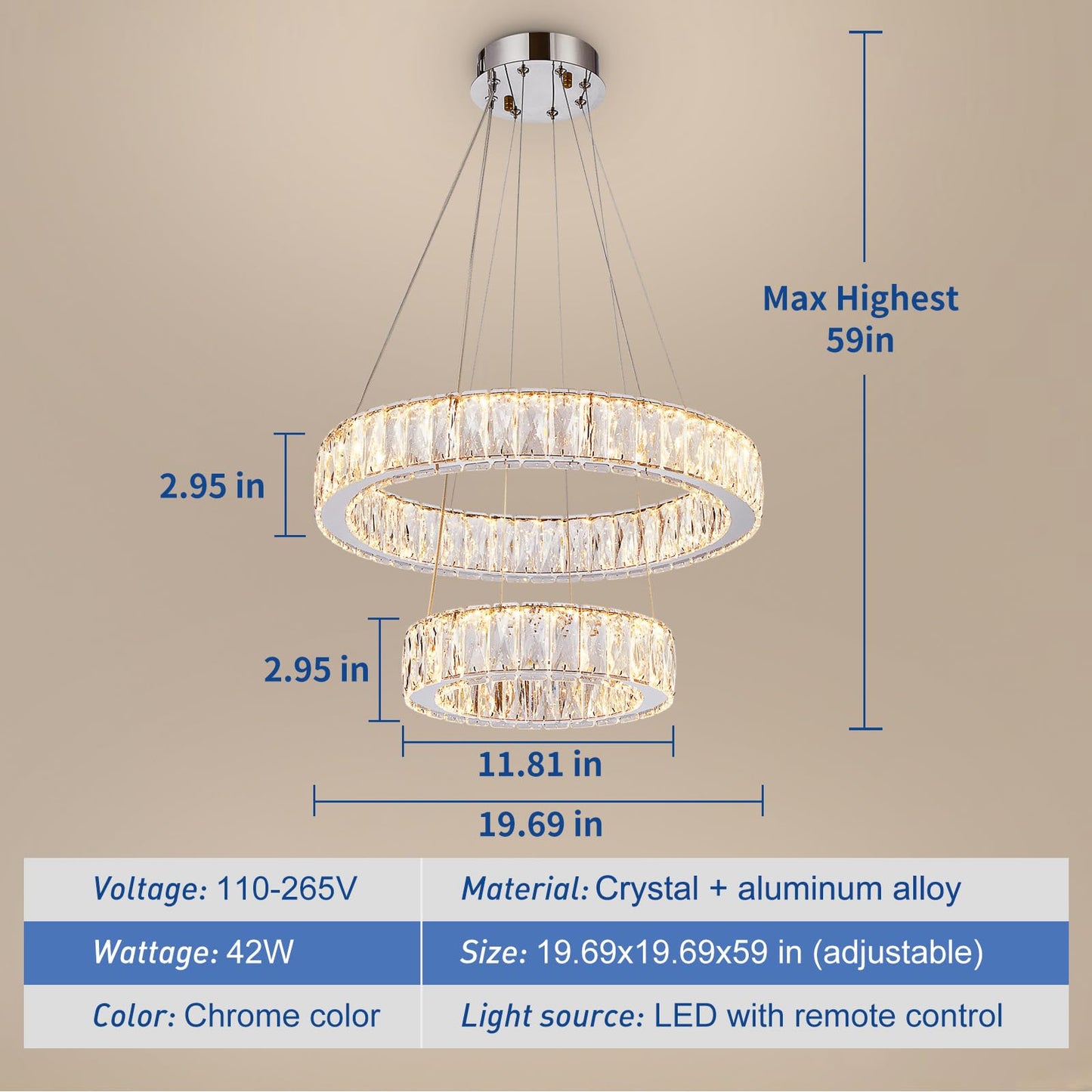 Depuley Modern LED Crystal Chandelier: 11.8" + 19.7" Rings Dimmable Pendant Light Adjustable for Dining Room - 42W Double-Decker Round Crystal Chandeliers for Bedroom Living Room Porch Foyer