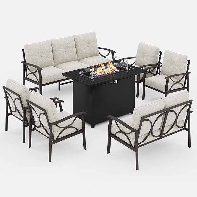 FansaFurn 7-Pieces Outdoor Patio Furniture Set with 43" Fire Pit Table, Metal Outdoor Sectional Furniture with Cushions, Outdoor Conversation Set for Garden, Balcony, Deck, Backyard, Khaki