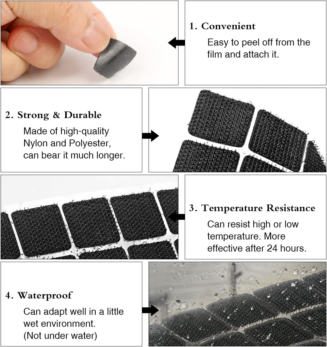 Self Adhesive Dots, 0.59 Inch Diameter 1100pcs(550Pairs) Strong Sticky Hook Tapes, Square Adhesive Back Loop Nylon Strips with Waterproof Fastener,Perfect for School Classroom,Office,DIY-Black