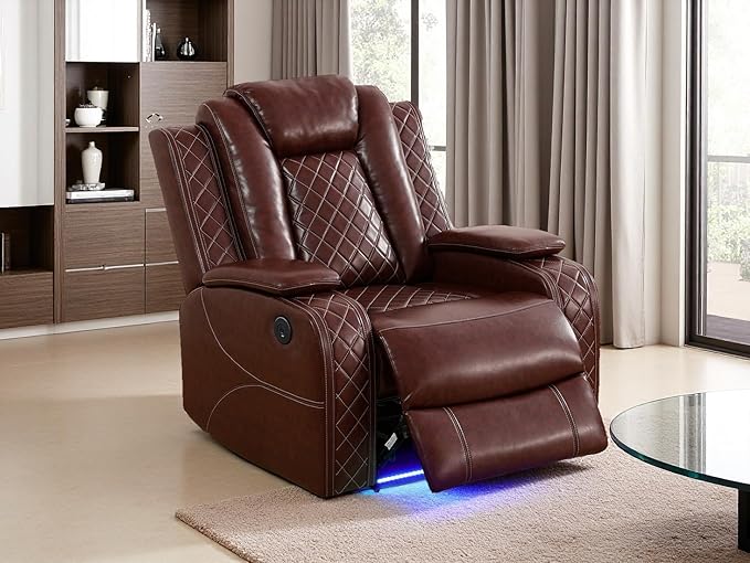 Dekmxas Power Reclining Sofa Set, Leather Recliner, Brown Sectional Power Recliner Living Room Furniture Sets with LED Light, Leather Chair for Living Room Sofa Set for Bedroom/Home/Office