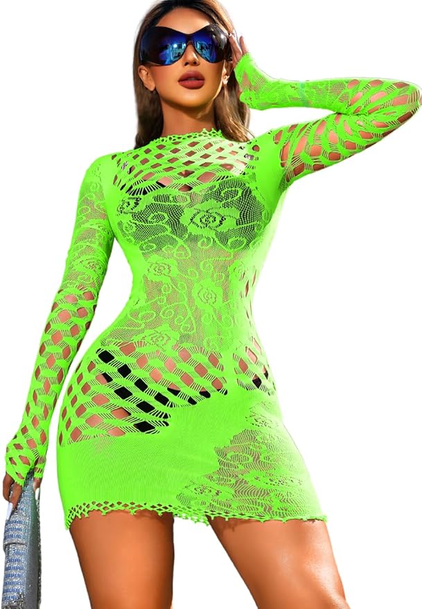 EHSUYAB Club Outfits, Hollow Out, Long Sleeve One Piece Bodycon Fishnet Dress