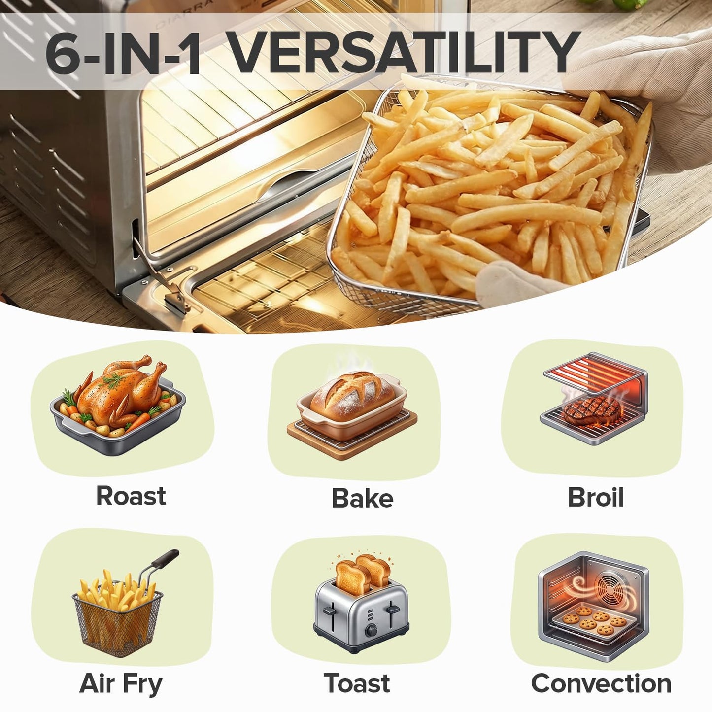 CIARRA CATOSMC01 Oil-Less Countertop Convection Oven, 6-in-1 Compact Air Fryer & Convection Toaster Oven with Rapid Heat & Adjustable Temp & Timer, Kitchen Essentials for Pizza & Rotisserie Chicken