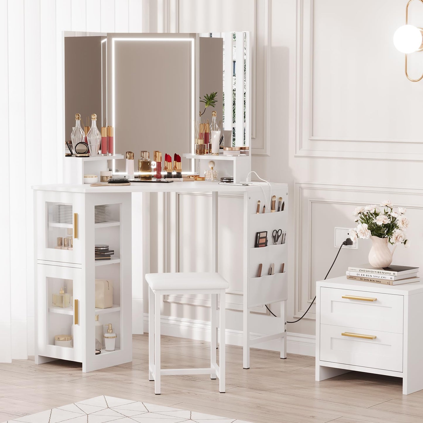 Garvee Corner Vanity Desk and Stool, Corner Makeup Vanity with LED Lighted Mirror Charging Station and Cabinet for Bedroom, White