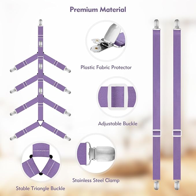 Bed Sheet Holder Straps, 4+2 Pcs Adjustable Mattress Sheet Clips, Bed Sheet Fasteners Elastic Sheet Suspenders to Keep Bed Sheet in Place for Different Beds (Purple)