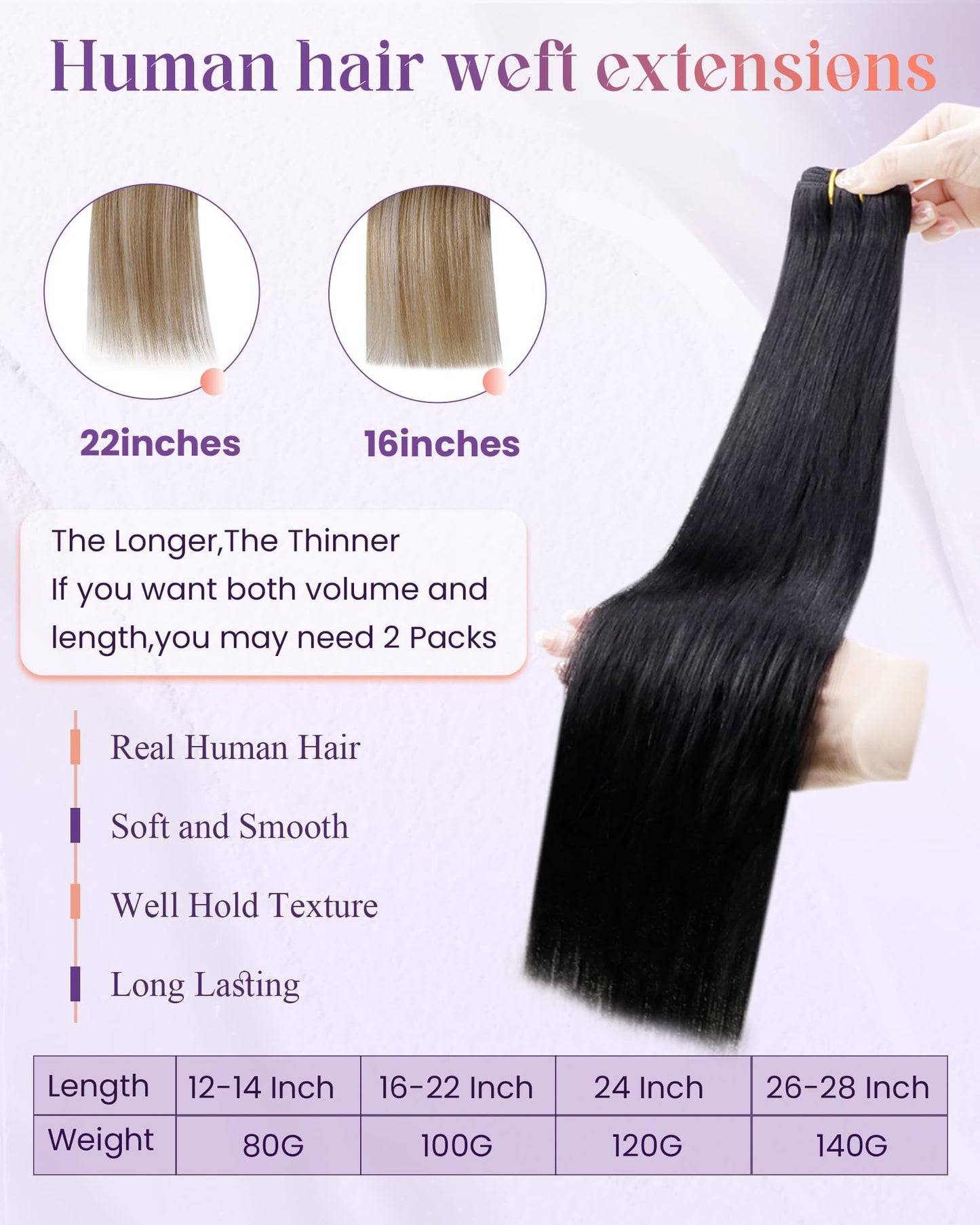 LaaVoo Weft Hair Extensions Human Hair Black Women Sew in Wefts Human Hair Extensions Straight Weft Extensions Jet Black 20 Inch