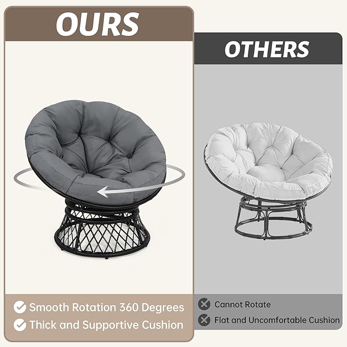 40" Ergonomic Wicker Papasan Chair, 360° Swivel Indoor Outdoor Rattan Chair with Soft Thick Cushion, Ideal for Living Room, Bedroom, Reading Room, Black Frame with Dark Grey Cushion