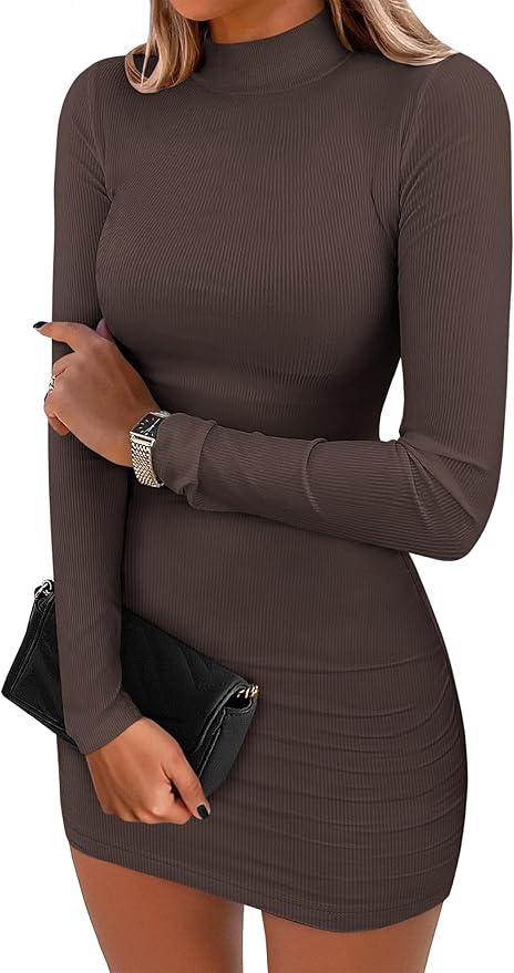 ANRABESS Women Long Sleeve Mock Neck Bodycon Mini Dress 2025 Fall Ribbed Slim Fit Pencil Cocktail Club Night Dresses