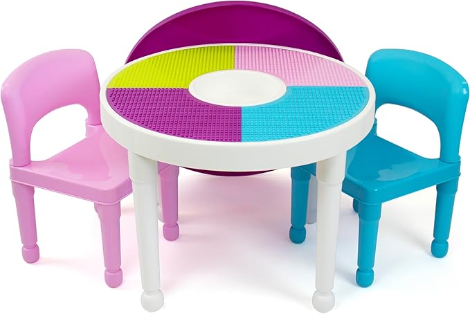 Humble Crew, White/Blue/Pink Kids 2-in-1 Plastic Building Blocks-Compatible Activity Table and 2 Chairs Set, Light Colors