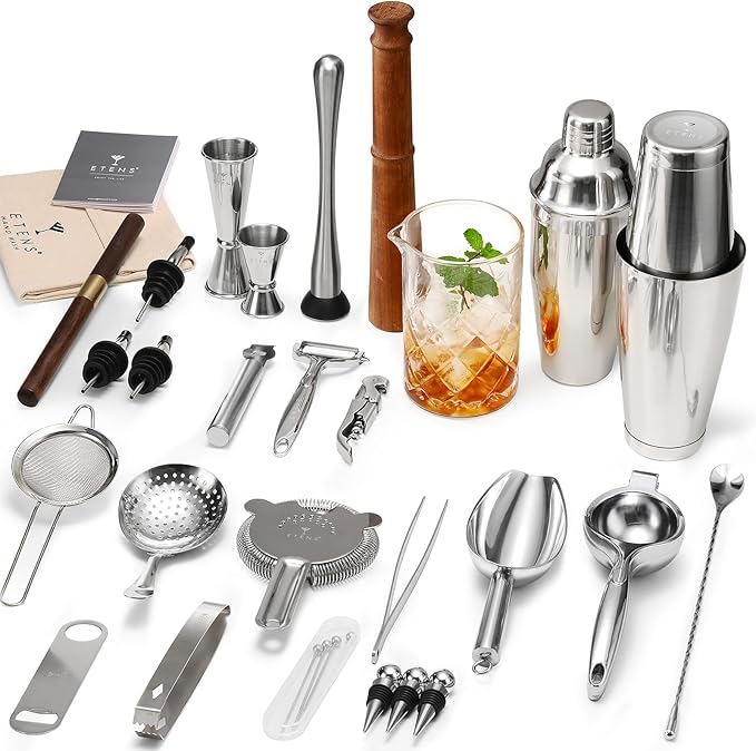 ETENS 33-Piece Professional Bartender Kit with Weighted Boston Shaker – High End Mixology Set for Home Bar – Stainless Ste...