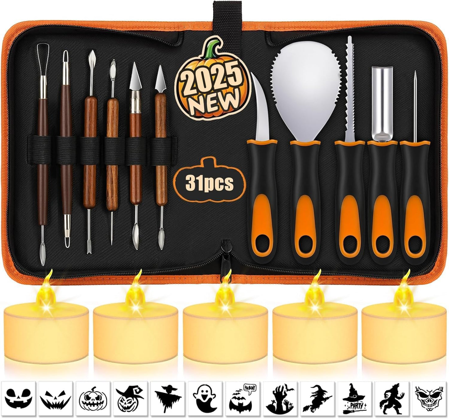 NESSTU Pumpkin Carving Kit with Stencils: 31 PCS Halloween Pumpkin Carving Tools - Professional Pumpkin Carving Set - Heavy Duty Stainless Steel Jack-O-Lanterns Pumpkin Carving Knife for Kids Adults