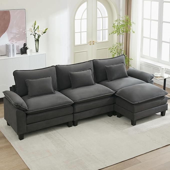 URRED Cloud Couch Modular Sectional Sofa, 122'' Modern L Shaped Deep Seat Sofa with Ottoman & Pillows, Ultra Comfy Velvet Couches for Living Room, Bedroom or Apartment, Dark Gray