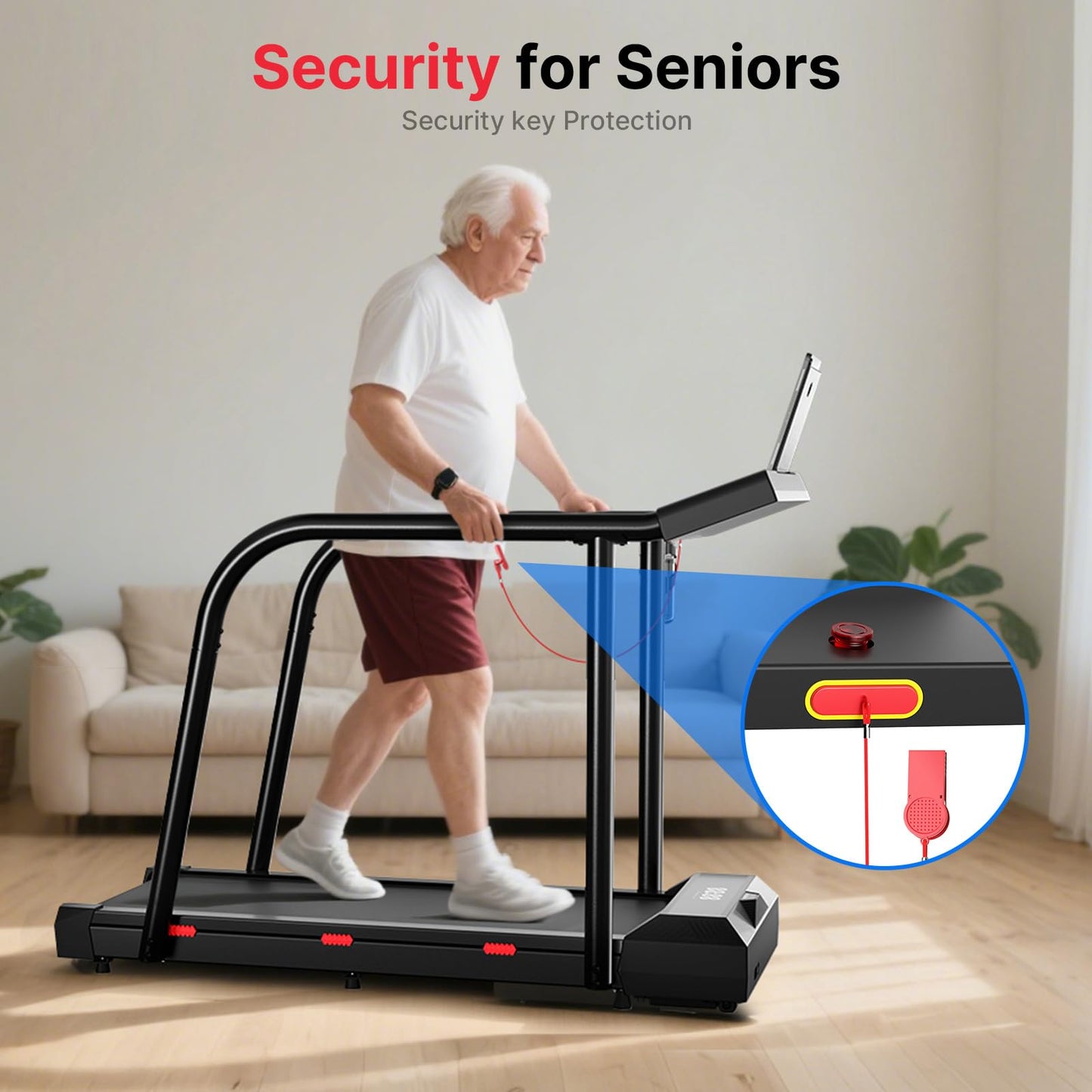 Yesoul Walking Treadmill with Long Handles for Seniors, Treadmills for Home 300 lbs Capacity, Recovery Fitness Exercise Machine with Stable and Safe Structural Design, Large LED Display for Elderly