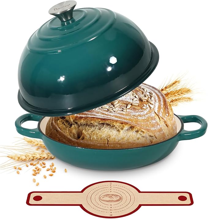 Davivy 5.5QT Enameled Cast Iron Dutch Oven with Lid, Dutch Oven for Sourdough Bread, 10" Round Sourdough Bread Oven, Bread Cloche for Bread Baking, with Silicone Bread Sling - Gradient Teal
