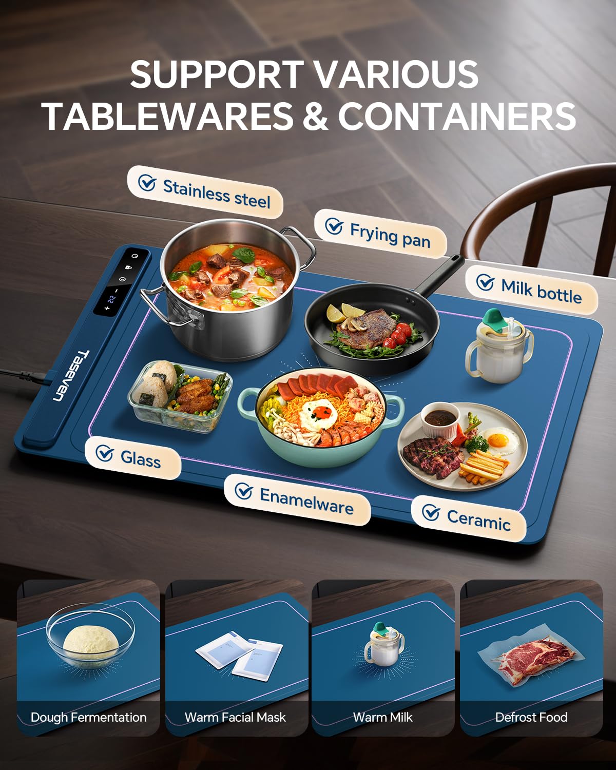 Taseven Food Warming Mat, Silicone Heating Tray with 7 Temperature Settings, Quick Full Surface Heating Pad, Thermochromic Line, Kids Lock, Food Warmers for Parties