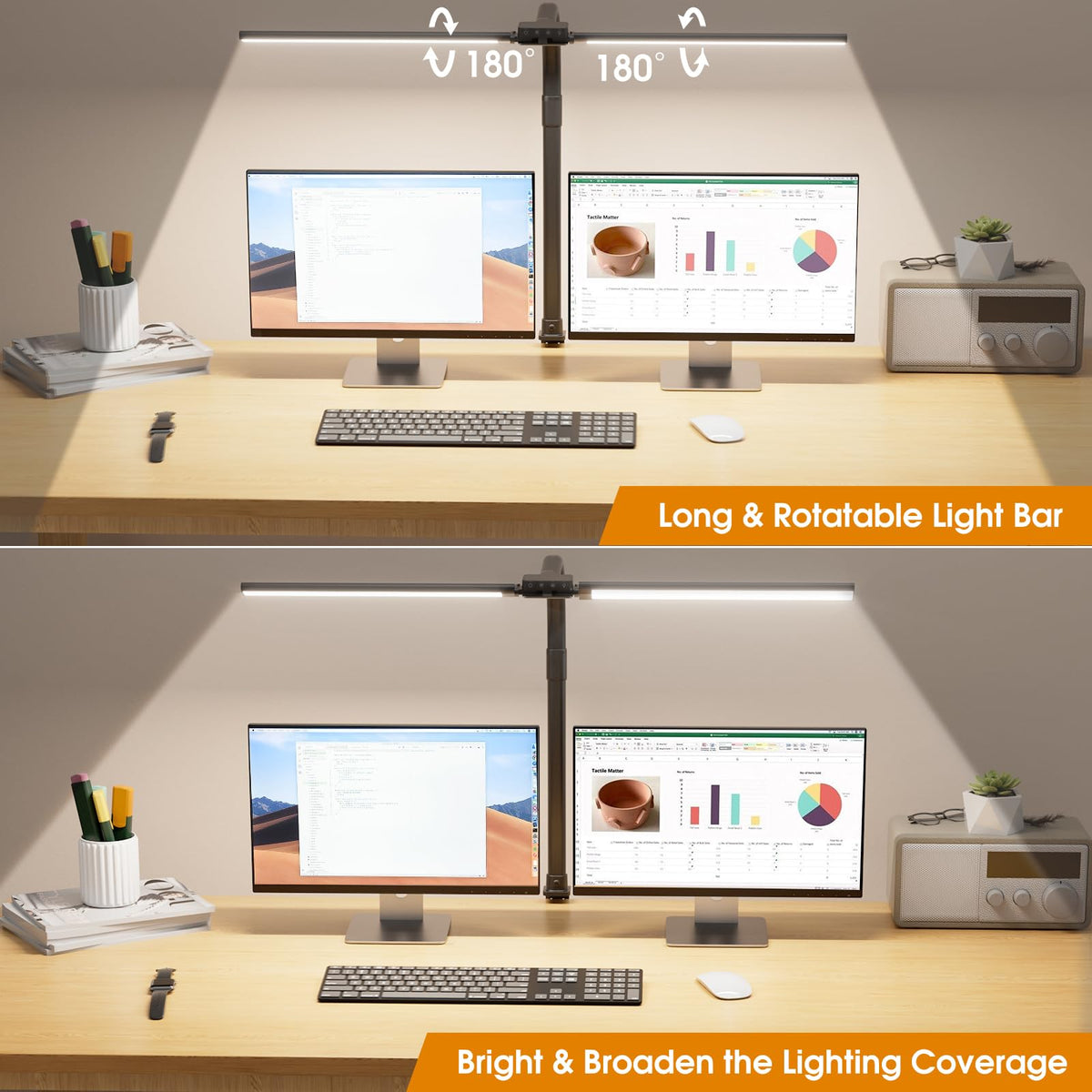 SIBRILLE LED Desk Lamp for Home Office - Eye-Caring Computer Desk Light with Clamp, Rotatable Computer Lighting with Color Changing, Dimmable Monitor Table Lamp with Gooseneck, Double Head, Black